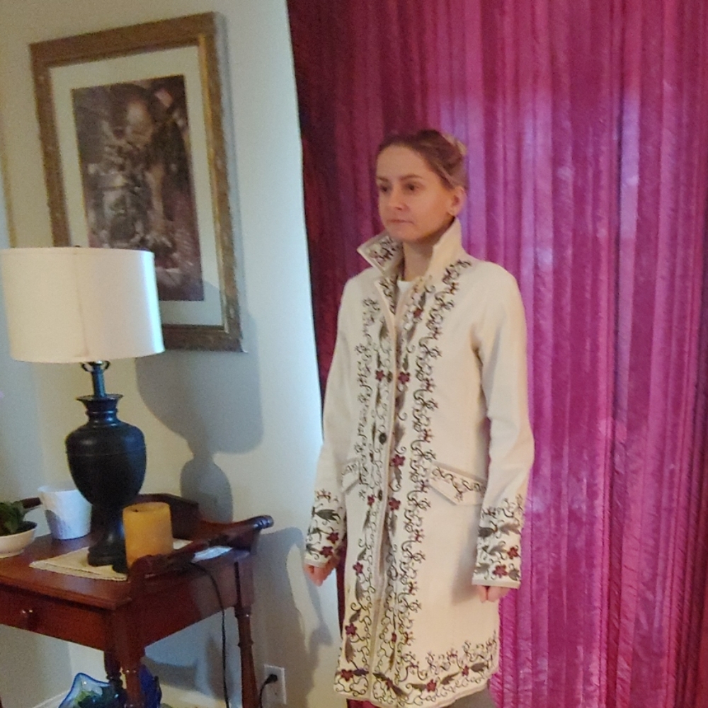 Women's Embroidered Cream Long Coat